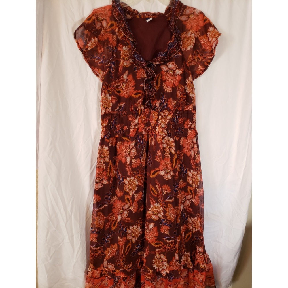 Women's Old Navy Ruffled Tiered Rust Floral Midi Dress Size L